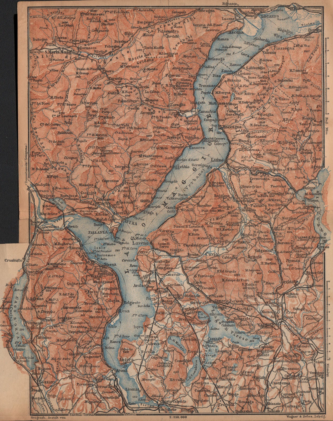 LAGO MAGGIORE. Lake Maggiore. Varese Varesa Pallanza. Topo-map. Italy 1907